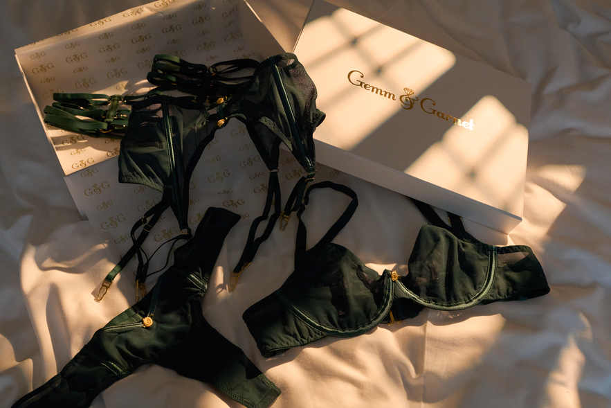 Gemm and Garnet — Green lingerie set on a white surface with 'Gemma & Co' branding.